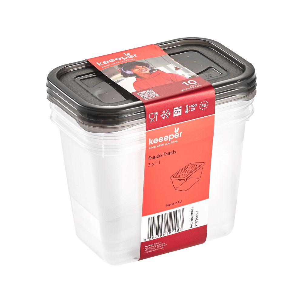 Keeeper Fredo Crystal Grey 1l Fresh zestaw pojemników na żywność 3 sztuki