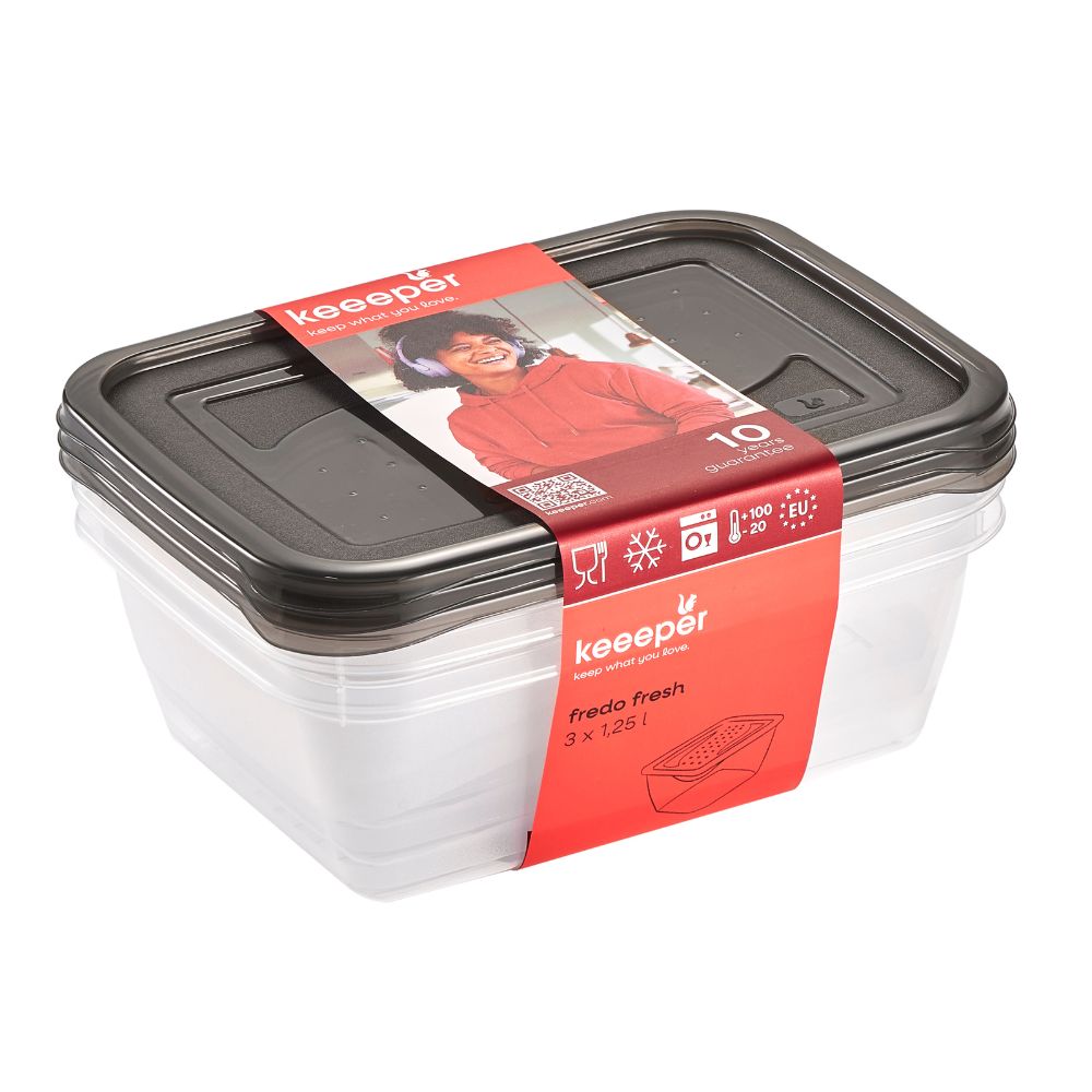 Keeeper Fredo Crystal Grey 1,25l Fresh zestaw pojemników na żywność 3 sztuki