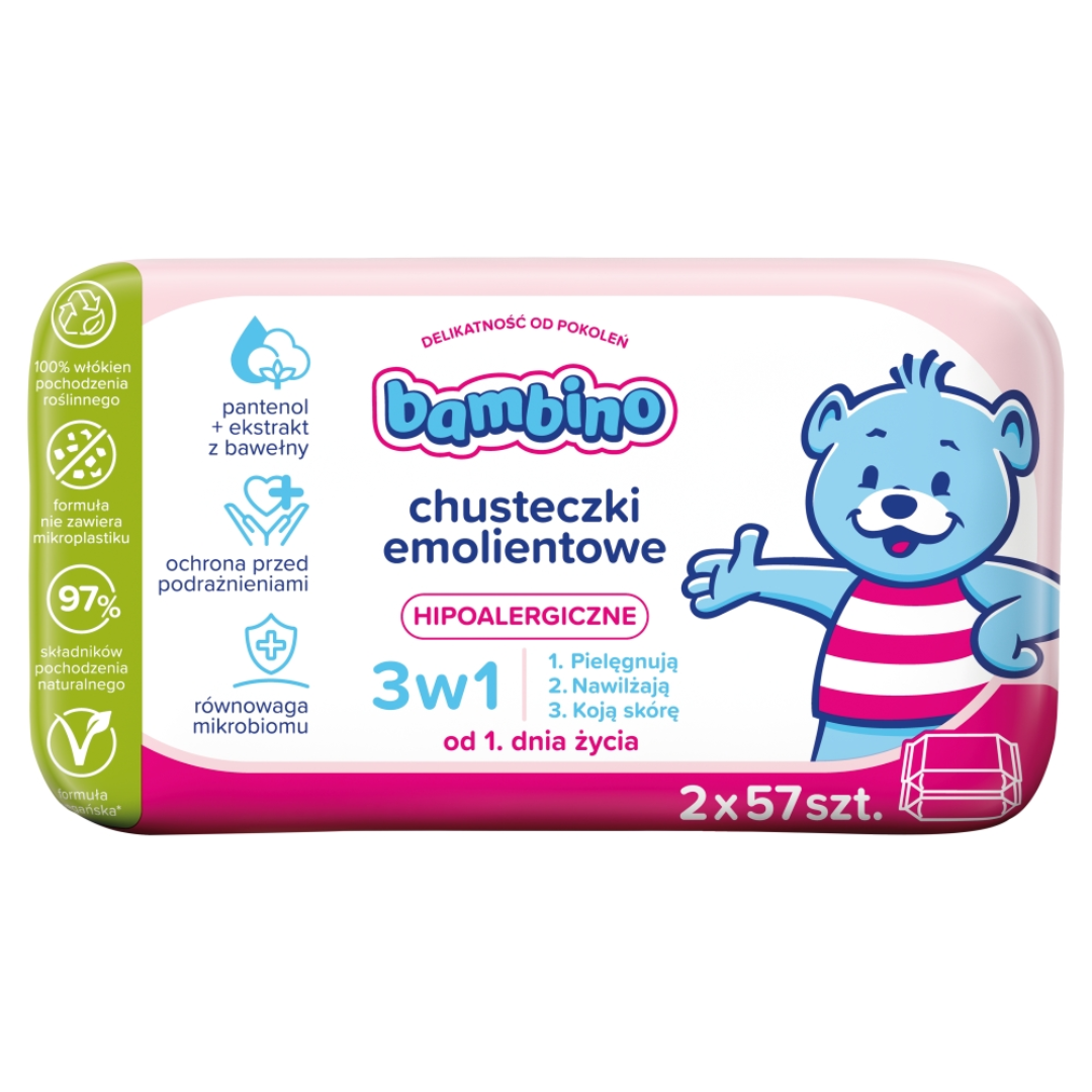Bambino chusteczki emolientowe 3w1, 2 x 57 sztuk