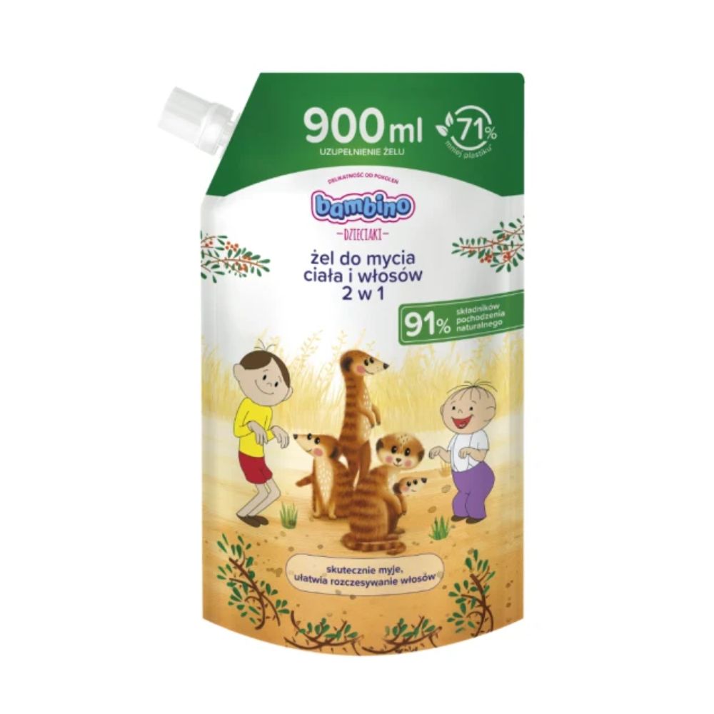 Bambino Dzieciaki żel do mycia ciała i włosów 2w1 Surykatki refill 900 ml