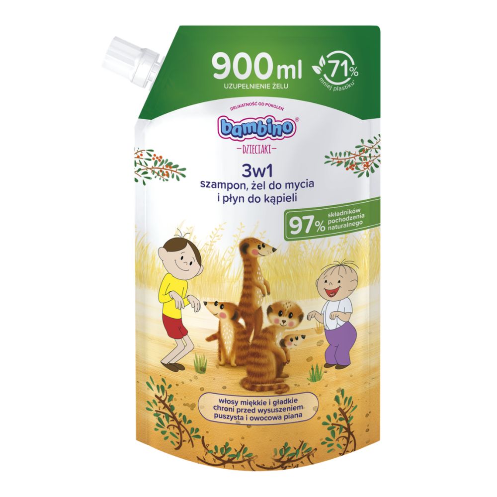 Bambino Dzieciaki Surykatki szampon żel do mycia i płyn 3w1 refill 900 ml
