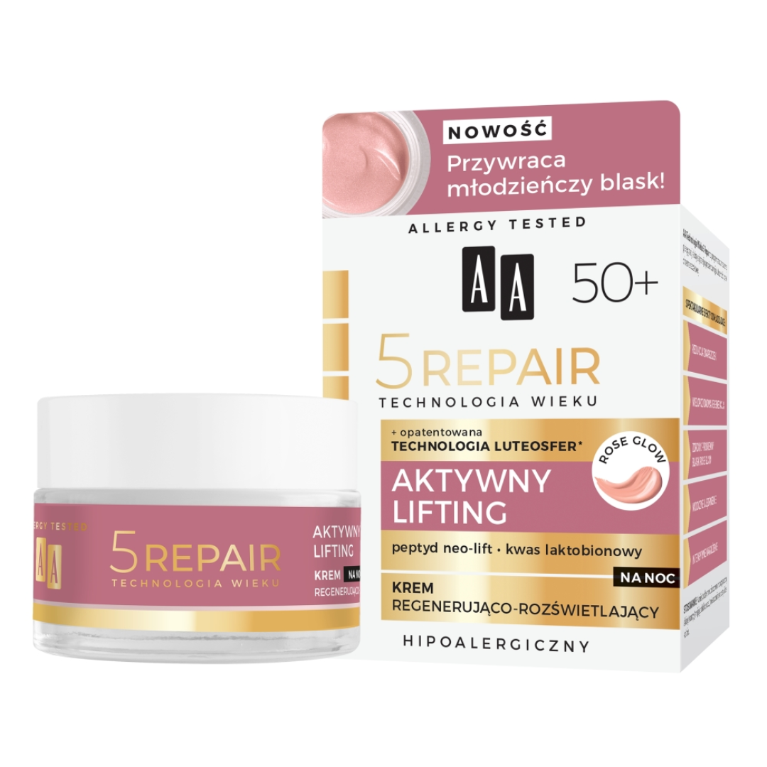 AA krem na noc regenerująco-rozświetlający Technologia Wieku 5 Repair 50+ Aktywny Lifting 50 ml