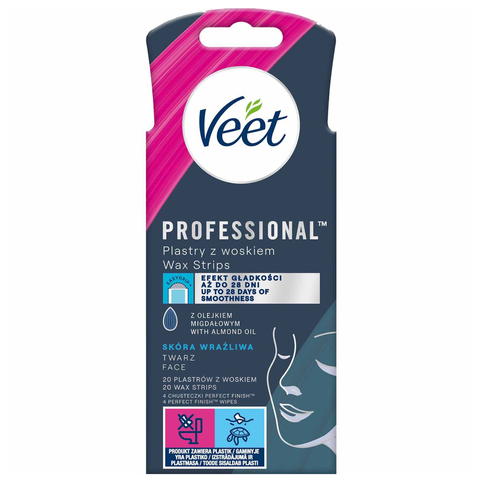 VEET Professional plastry z woskiem do depilacji twarzy dla skóry wrażliwej 20 sztuk