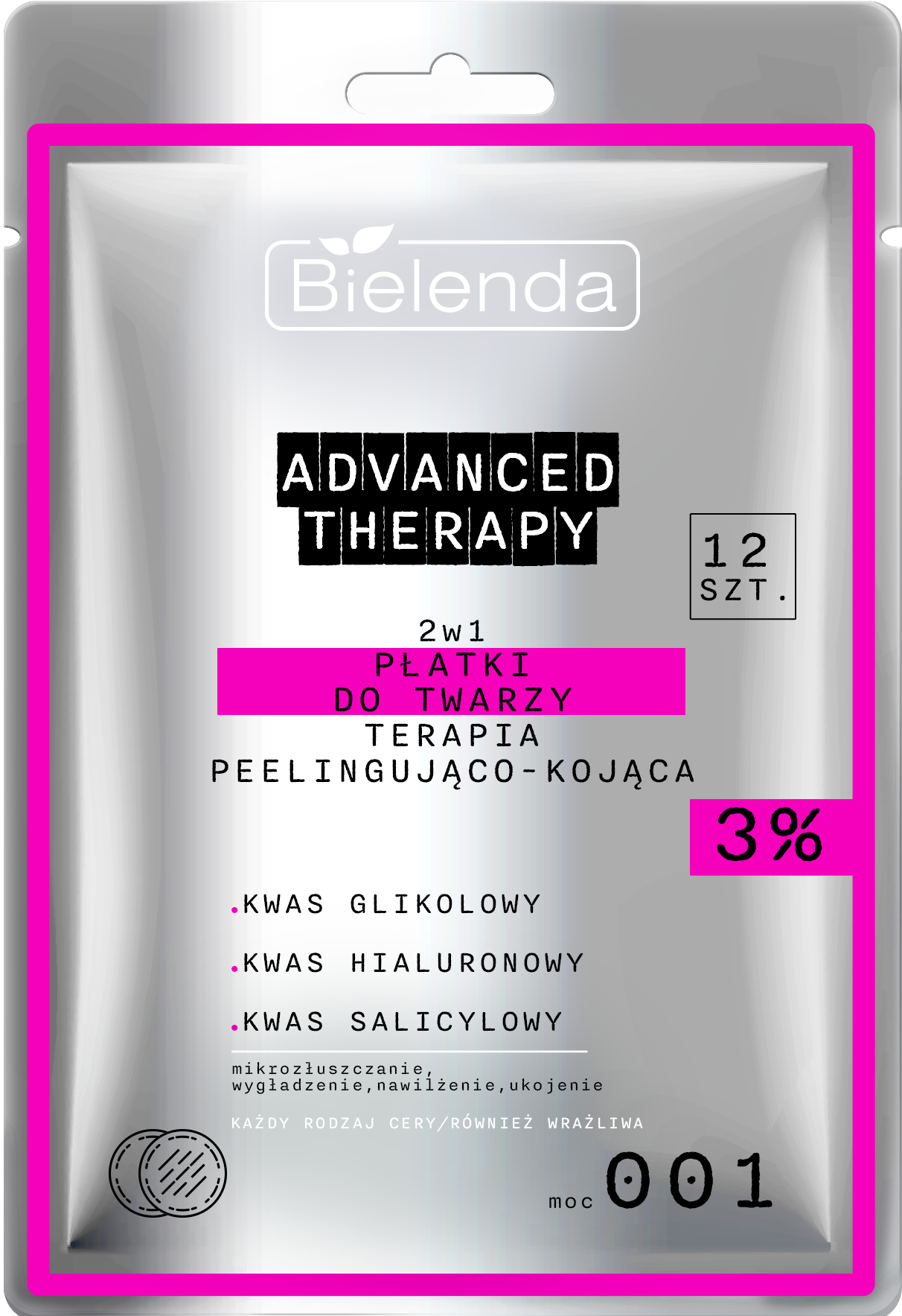 BIELENDA ADVANCED THERAPY 2w1 płatki do twarzy  terapia peelingująco-kojąca - 001, 12 szt.