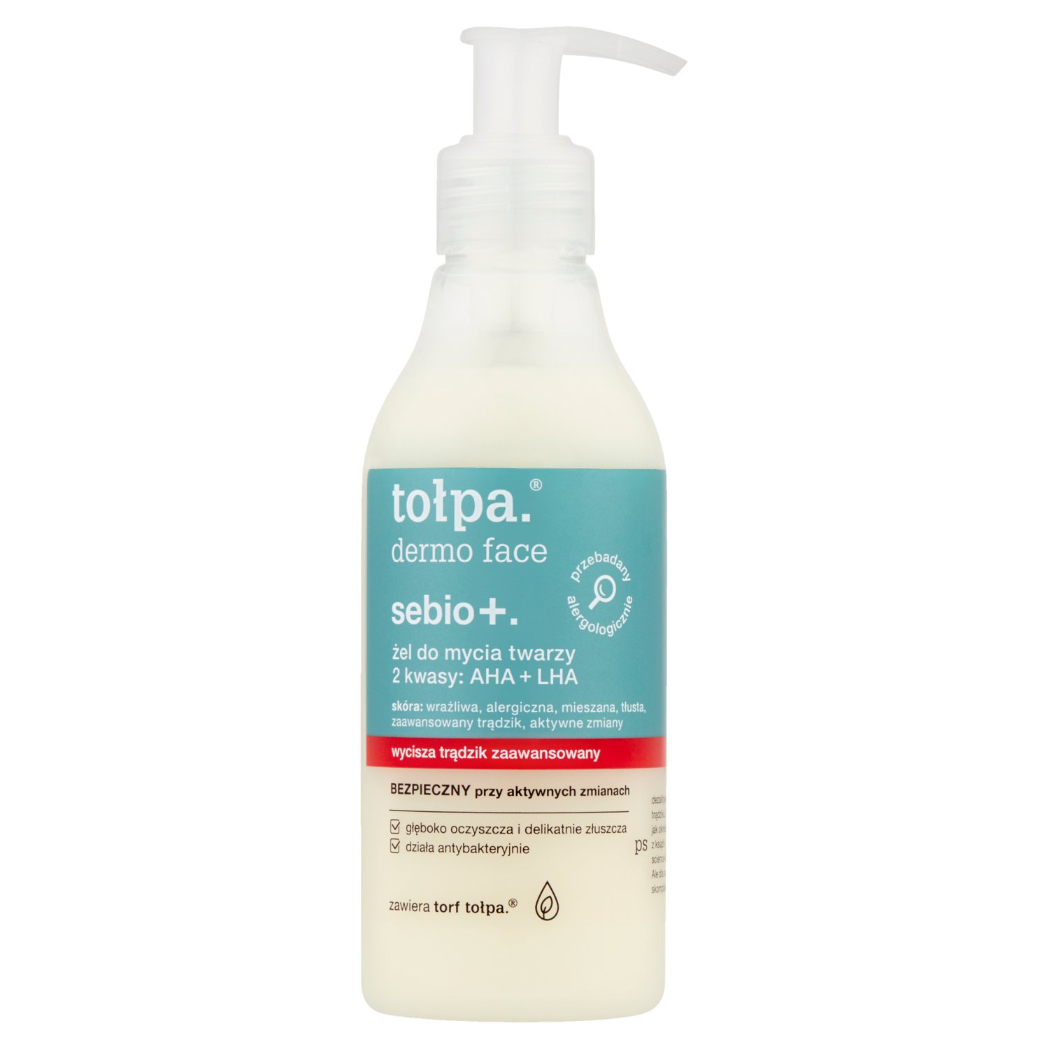 TOŁPA DERMO SEBIO+ Żel do mycia twarzy 2 kwasy: AHA i LHA, wycisza tradzik zaawansowany, 195 ml
