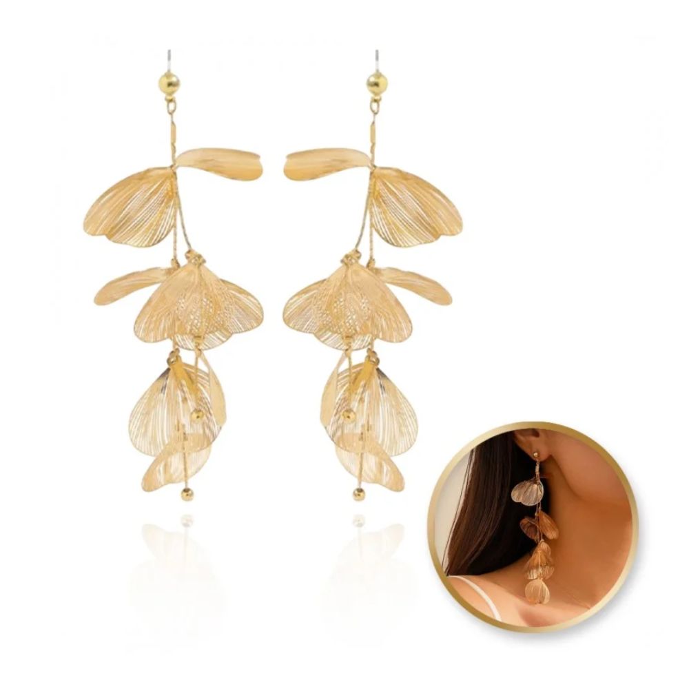 Kolczyki Wiszące tiulowe złote efektowne kwiaty K1678