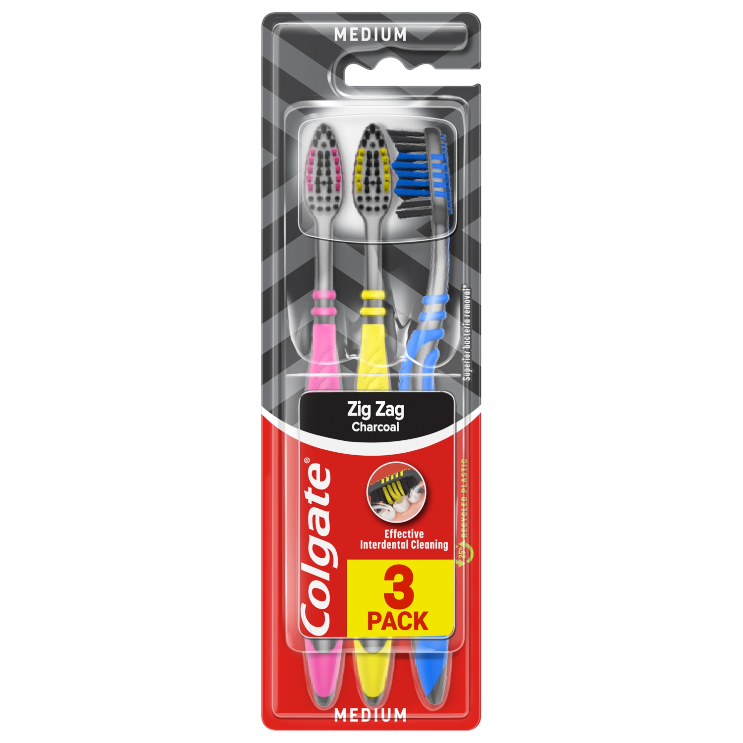 Colgate ZigZag Charcoal Szczoteczka do zębów średnia MEDIUM z węglem aktywnym 3 sztuki