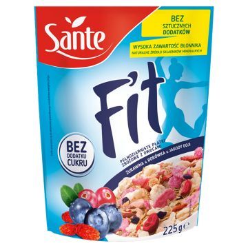 Sante Fit Pełnoziarniste Płatki Zbożowe z Owocami Żurawina, Borówka, Jagody Goji 225 g
