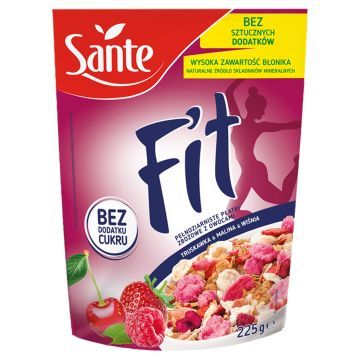 Sante Fit Pełnoziarniste Płatki Zbożowe z Owocami Truskawka, Malina, Wiśnia 225 g