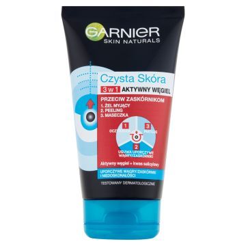 Garnier Czysta Skóra 3 w 1 Żel myjący + peeling maseczka aktywny węgiel 150 ml