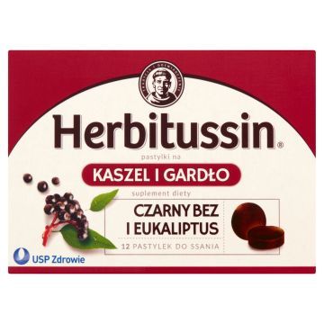 Herbitussin Czarny bez i eukaliptus Pastylki na kaszel gardło Suplement diety 12 pastylek