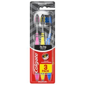 Colgate ZigZag Charcoal Szczoteczka do zębów średnia MEDIUM z węglem aktywnym 3 sztuki