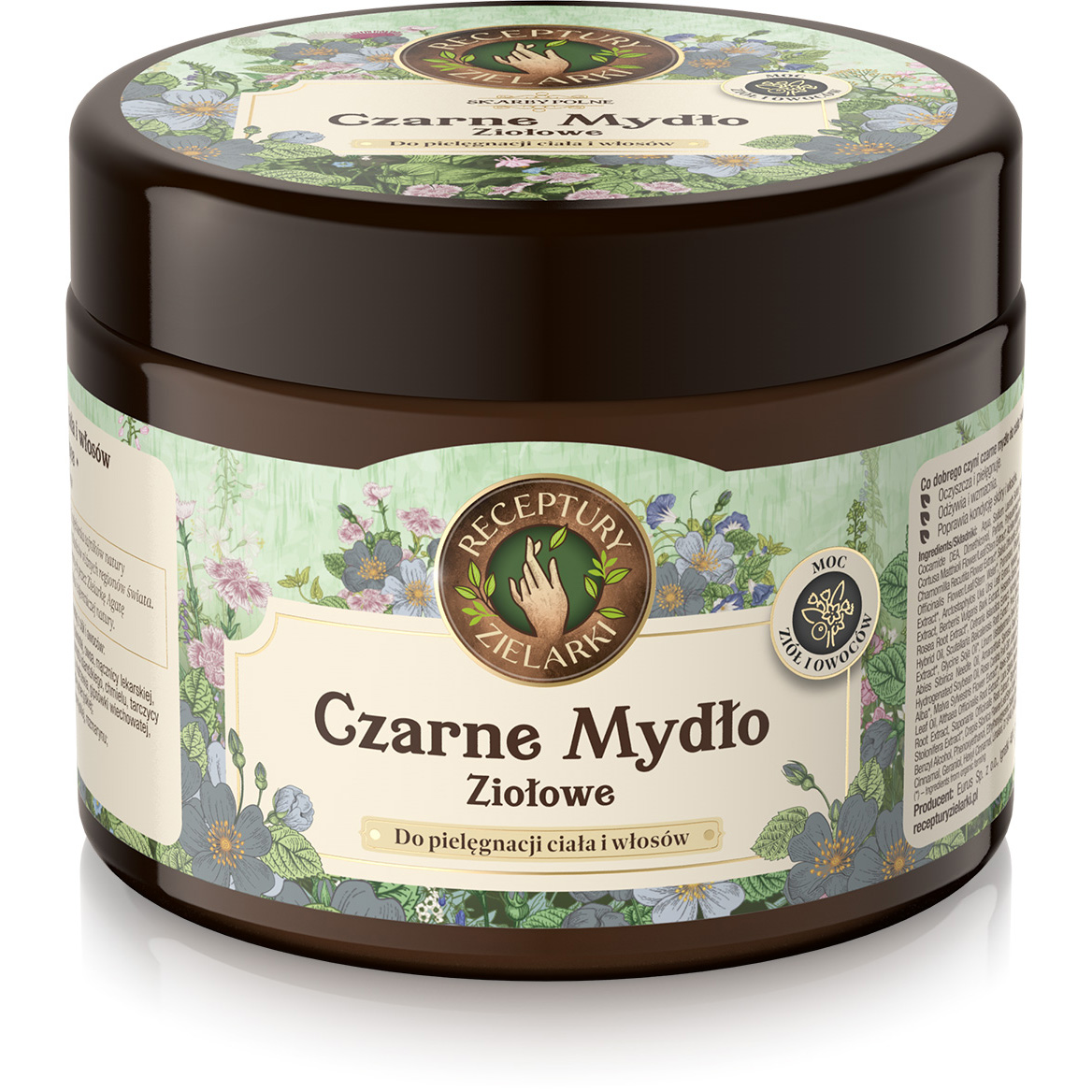 Receptury Zielarki Skarby Polne Ziołowe, czarne mydło do mycia ciała i włosów 37 polnych ziół
